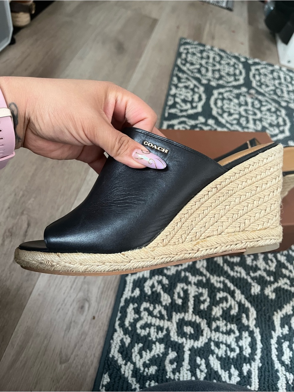 Coach Black Leather Open-Toe Espadrille Slides with Tan Insole - Picture 4 of 6